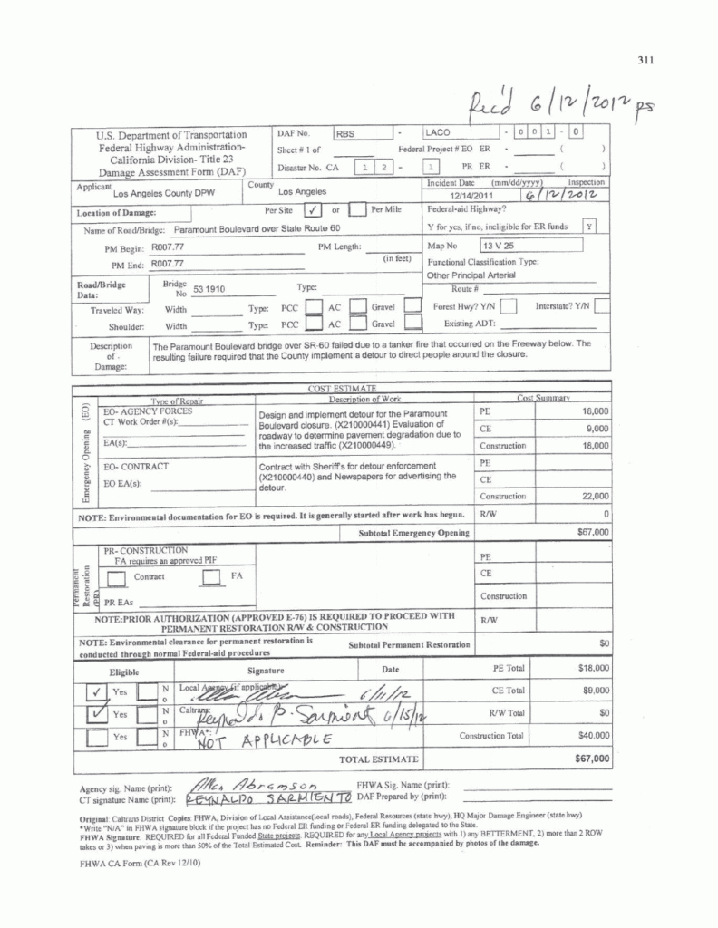 Appendix G Caltrans Paramount Bridge Damage Assessment Form FEMA 