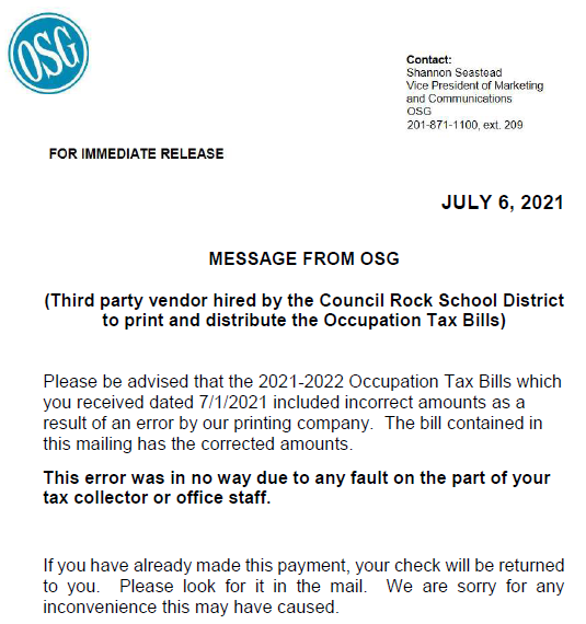Attention Occupation Tax Bill Error Northampton Township Tax Collector