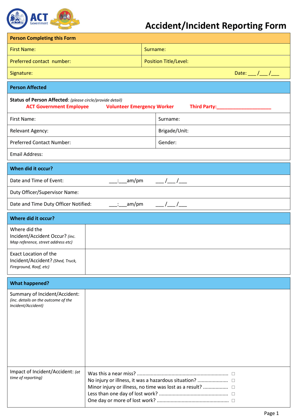 Australia Accident Incident Reporting Form Download Printable PDF 