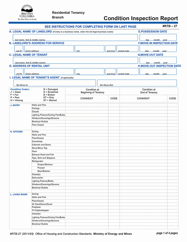 BC Rental Condition Inspection Report RTB 27 EZ Landlord Forms