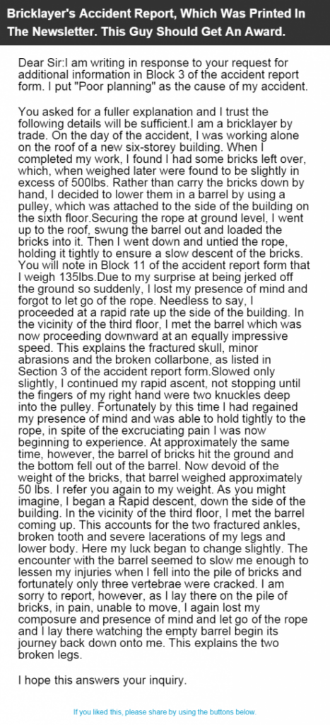 Bricklayer s Accident Report Which Was Printed In The Newsletter This 