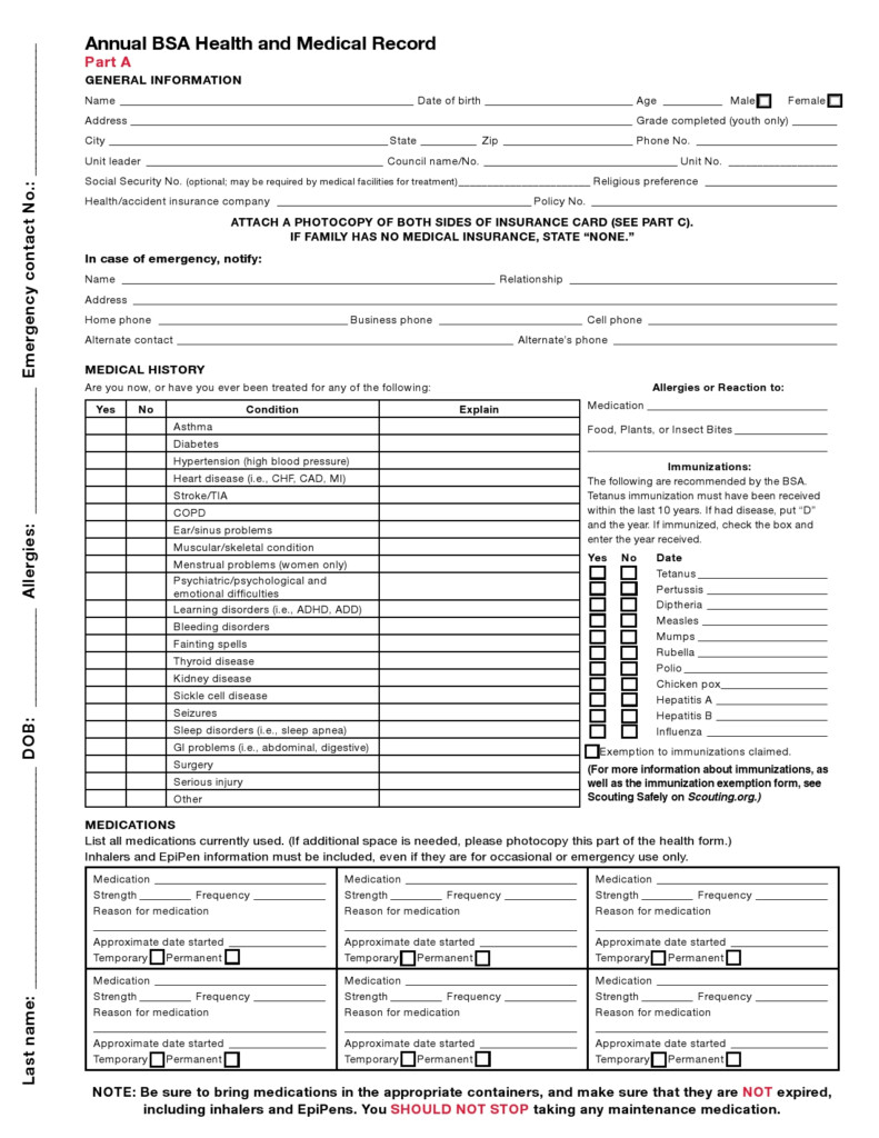 Bsa Medical Form Templates Free Printable
