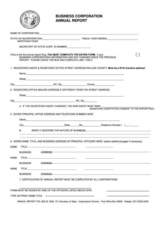 Business Corporation Annual Report Form North Carolina Secretary Of 