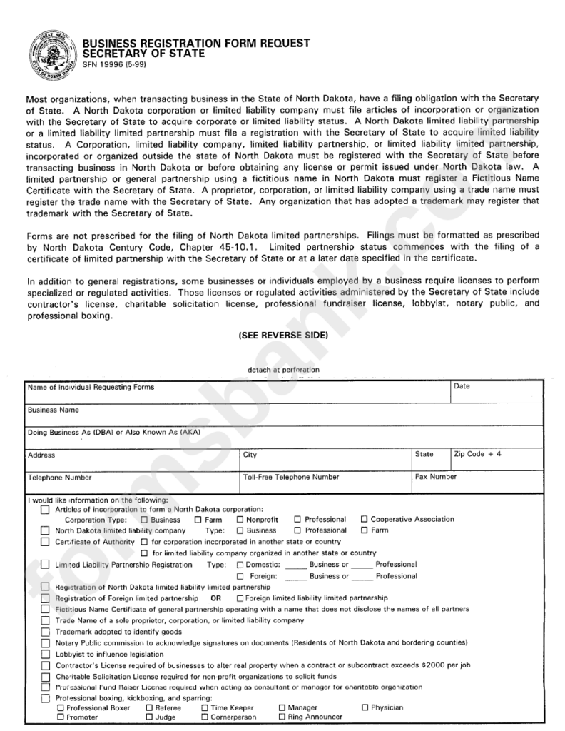 Business Registration Form Request North Dakota Secretary Of State 