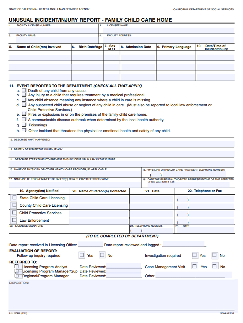  Child Care One Stop Unusual Incident Report 