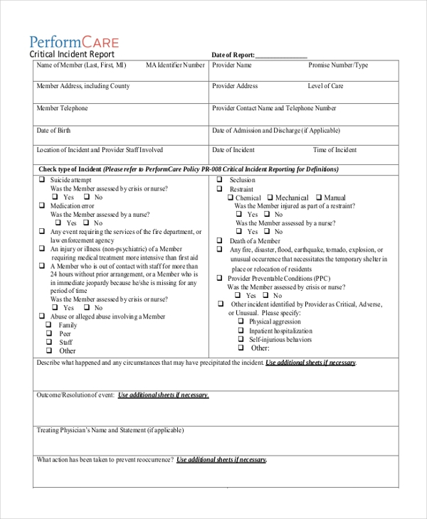 Critical Incident Report Form Template Pennsylvania Oltl ReportForm