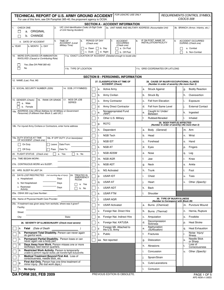 DA Form 285 Download Fillable PDF Or Fill Online Technical Report Of U 
