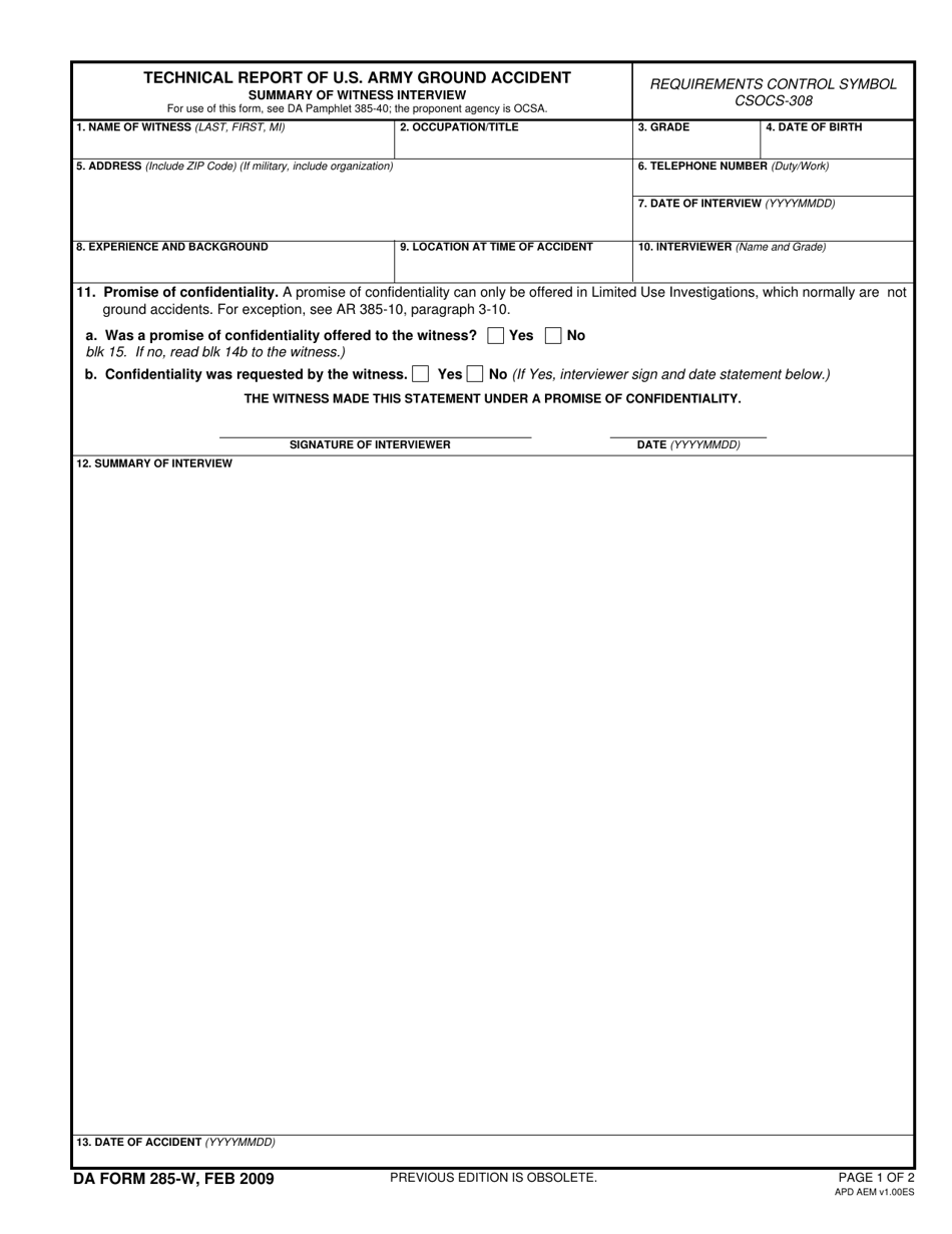 DA Form 285 w Download Fillable PDF Or Fill Online Technical Report Of 