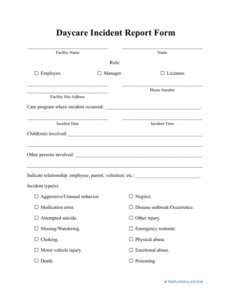 Daycare Incident Report Form Download Printable PDF Templateroller ...