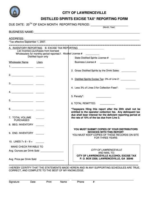 Distilled Spirits Excise Tax Reporting Form Printable Pdf Download