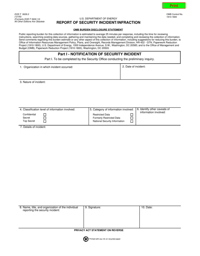 DOE Form 5693 3 Download Fillable PDF Or Fill Online Report Of Security 