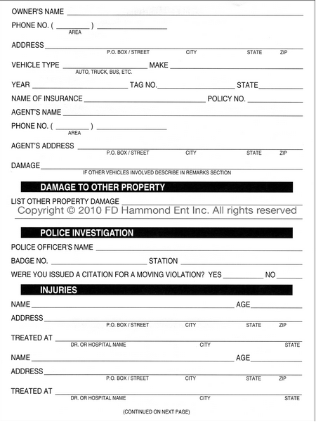 Driver s Preliminary Accident Report Form Only No 1209