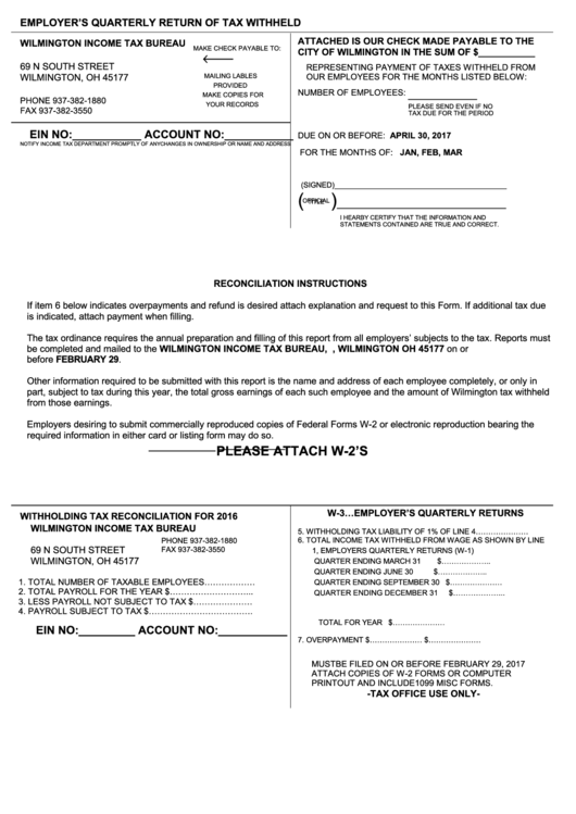 Employer S Quarterly Return Of Tax Withheld Form 2017 Printable Pdf 