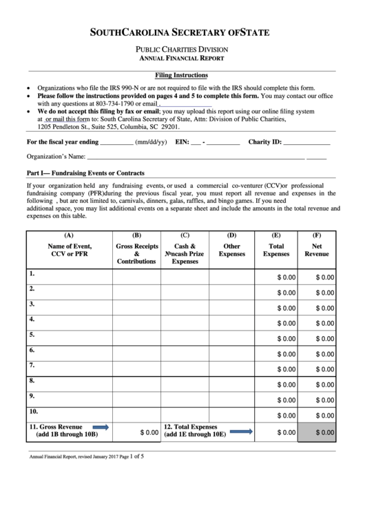 Fillable Annual Financial Report Form For Charities South Carolina 