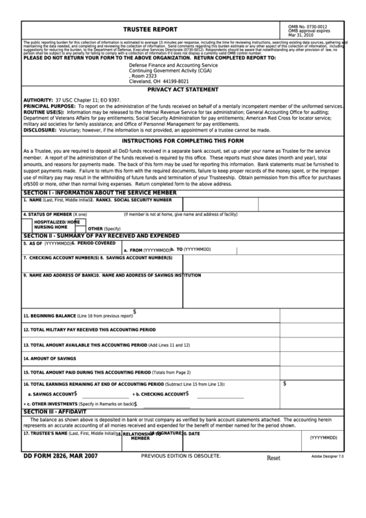 Fillable Dd Form 2826 Trustee Report Printable Pdf Download