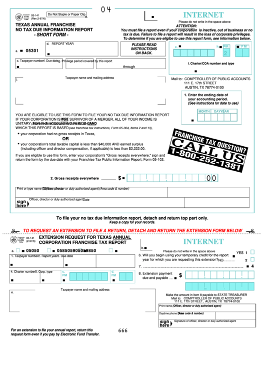 Fillable Form 05 141 Texas Annual Franchise No Tax Due Information 