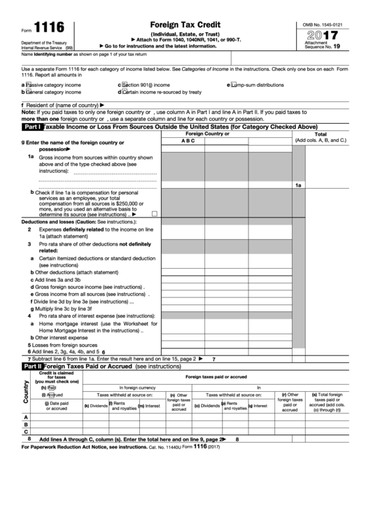 Fillable Form 1116 Foreign Tax Credit Individual Estate Or Trust 