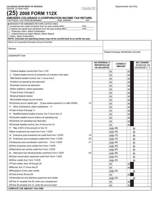 Fillable Form 112x Amended Colorado C Corporation Income Tax Return 