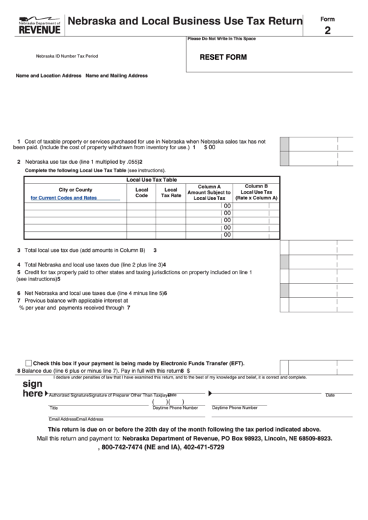 Fillable Form 2 Nebraska And Local Business Use Tax Return Printable 
