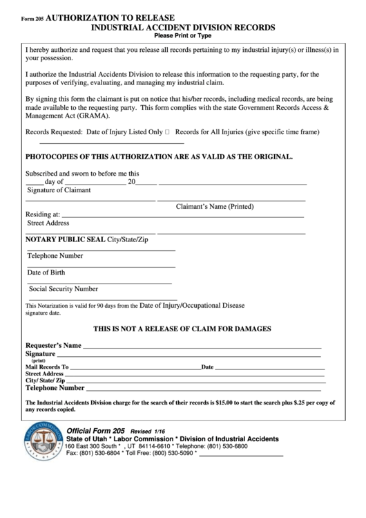 Fillable Form 205 Authorization To Release Industrial Accidents