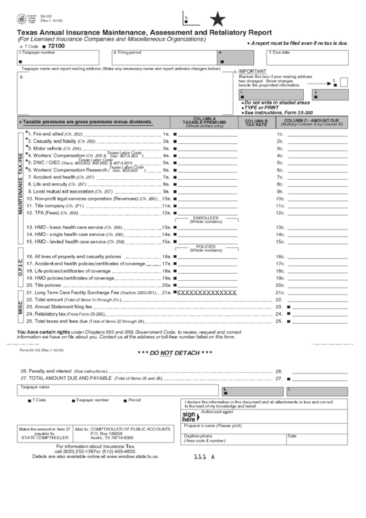 Fillable Form 25 102 Texas Annual Insurance Maintenance Assessment 