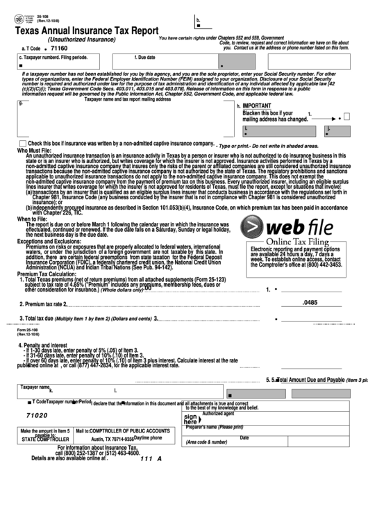 Fillable Form 25 108 Texas Annual Insurance Tax Report Printable Pdf 