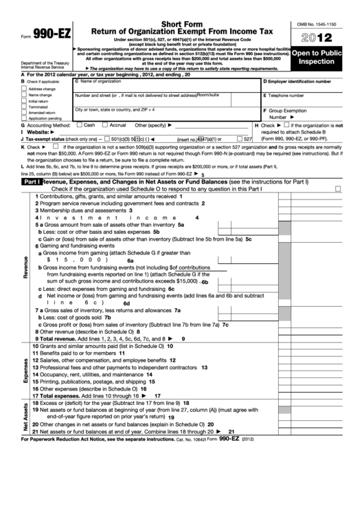 Fillable Form 990 Ez Short Form Return Of Organization Exempt From 