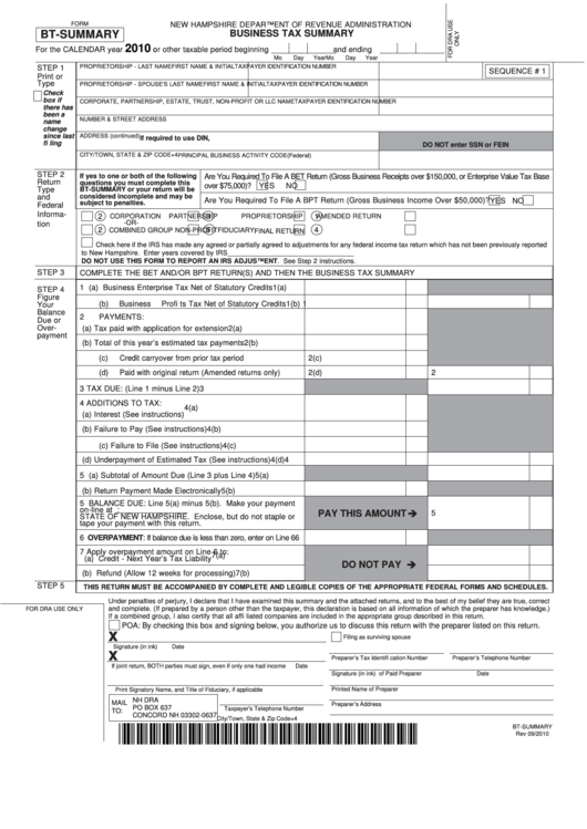 Fillable Form Bt Summary Business Tax Summary 2010 Printable Pdf 