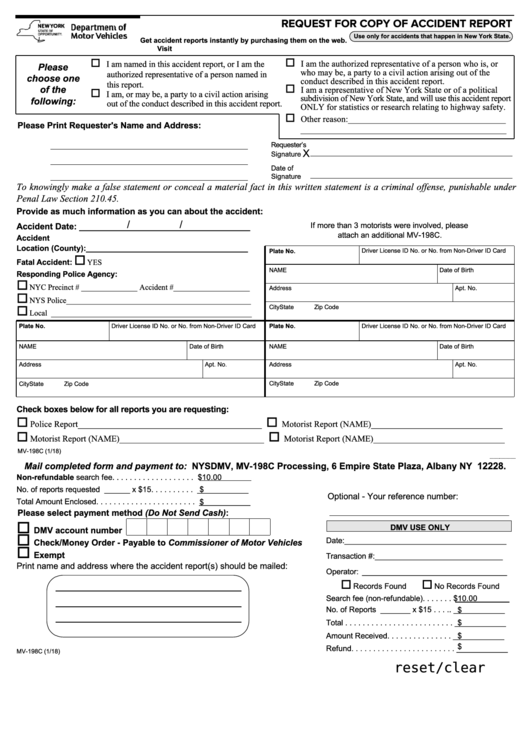 Fillable Form Mv 198c Request For Copy Of Accident Report Printable 