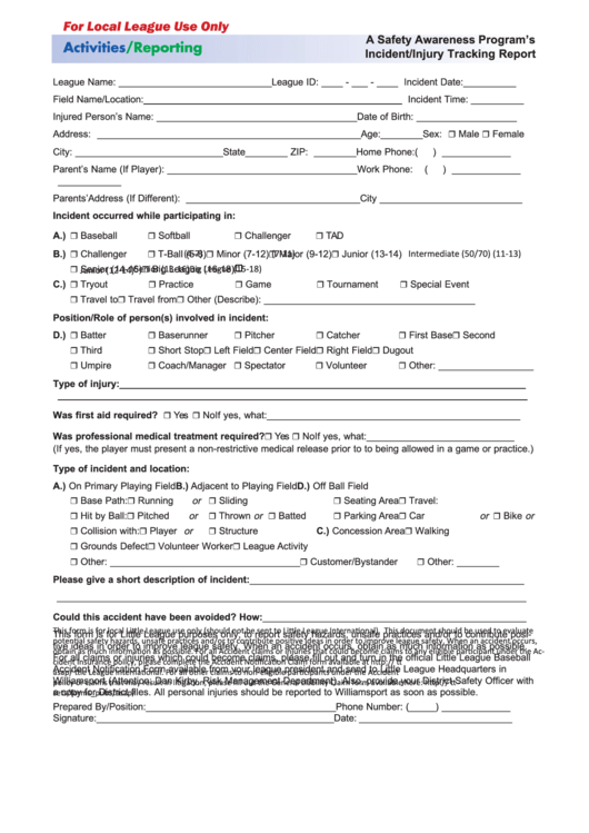 Fillable Incident injury Tracking Report Little League Baseball Form 