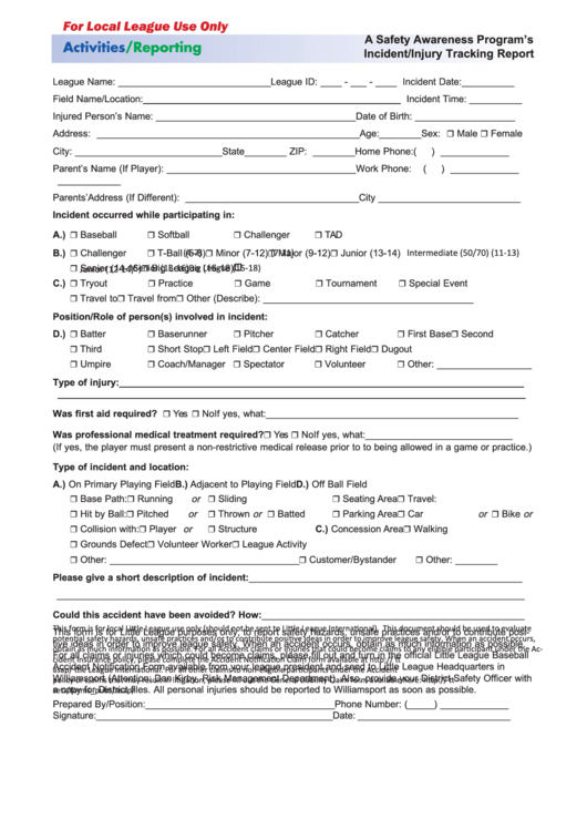 Fillable Incident injury Tracking Report Little League Baseball Form