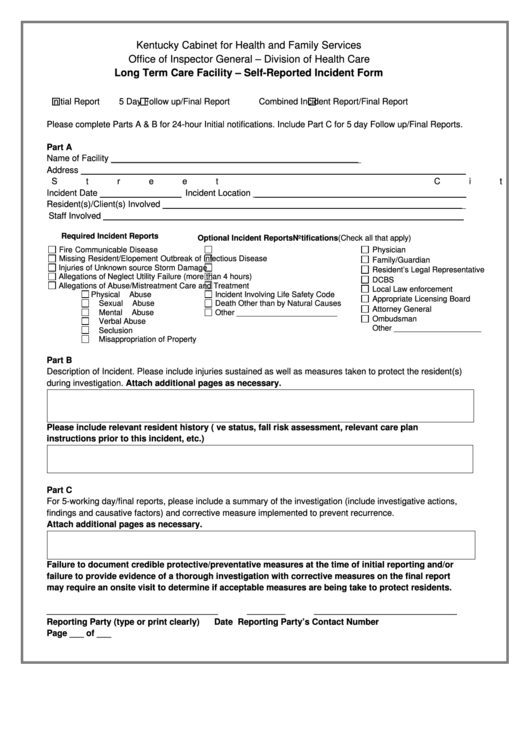 Fillable Long Term Care Facility Self Reported Incident Form 