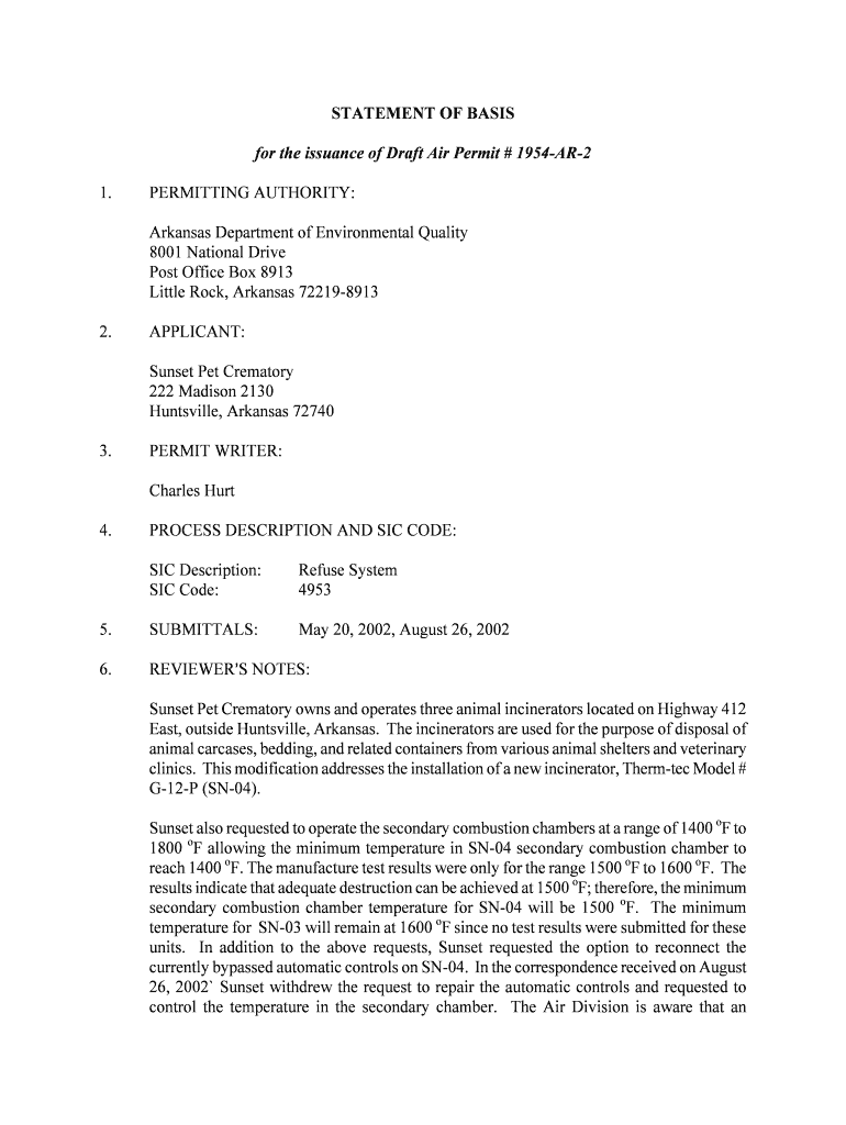 Fillable Online Adeq State Ar STATEMENT OF BASIS For The Issuance Of 