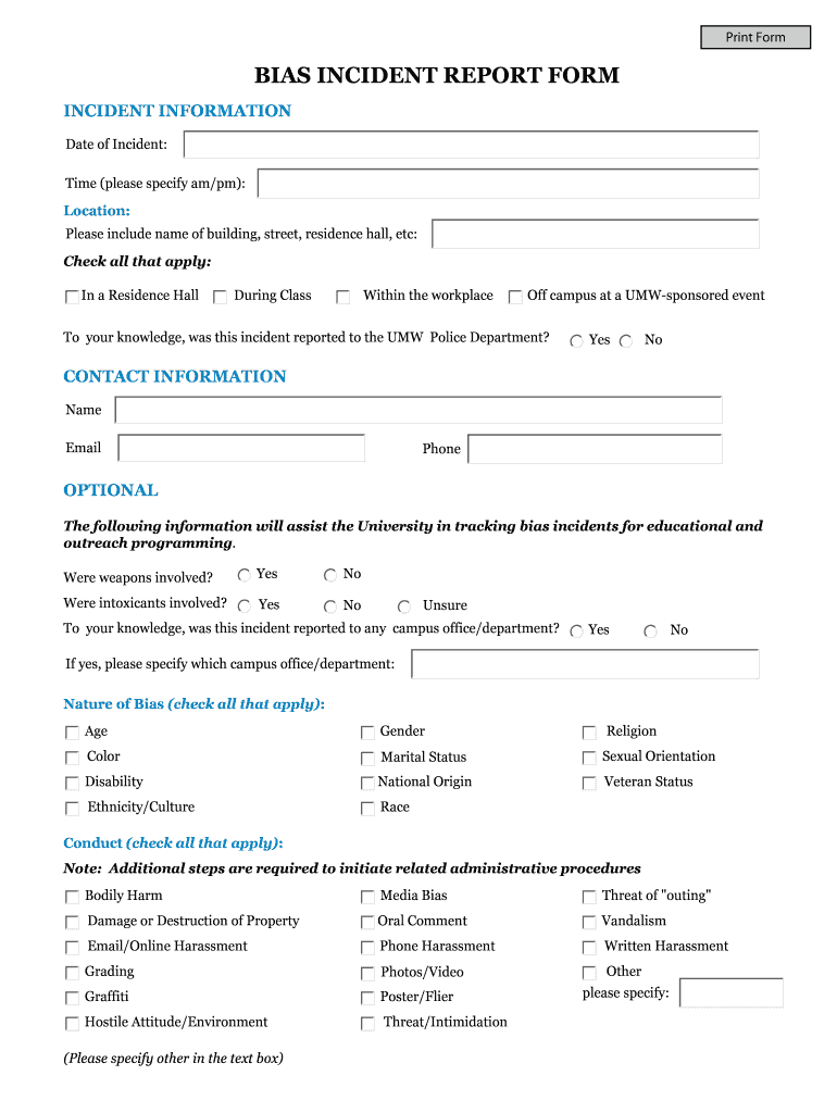 Fillable Online Documents Umw BIAS INCIDENT REPORT FORM University 