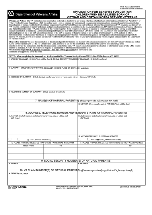 Fillable Va Form 21 0304 Application For Benefits For Certain 