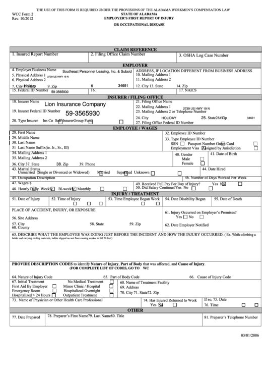 Fillable Wcc Form 2 Employer S First Report Of Injury Or Occupational 