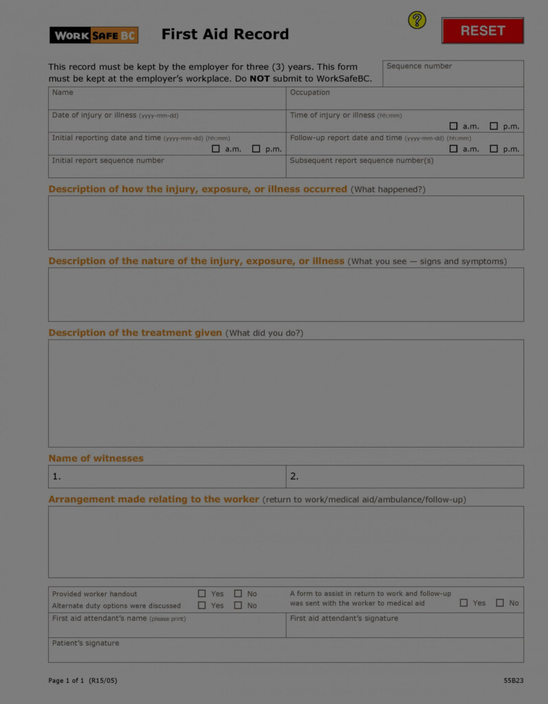 First Aid Record Form 55B23 Actsafe Safety Association