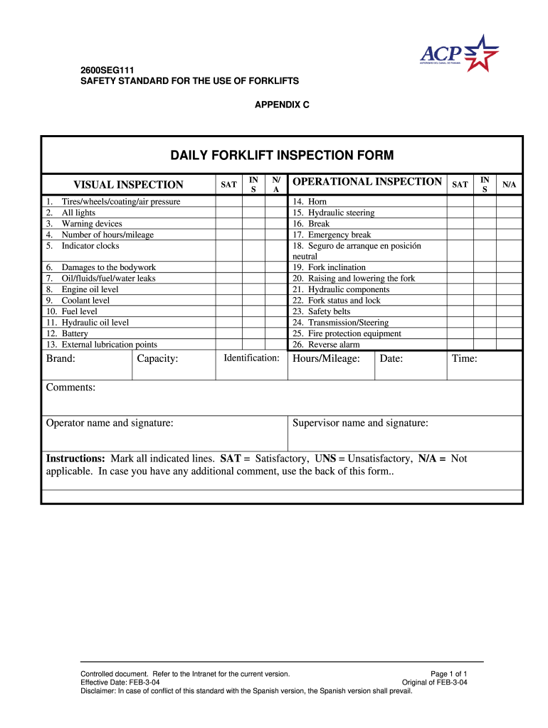 Forklift Inspection Form Fill Online Printable Fillable Blank 