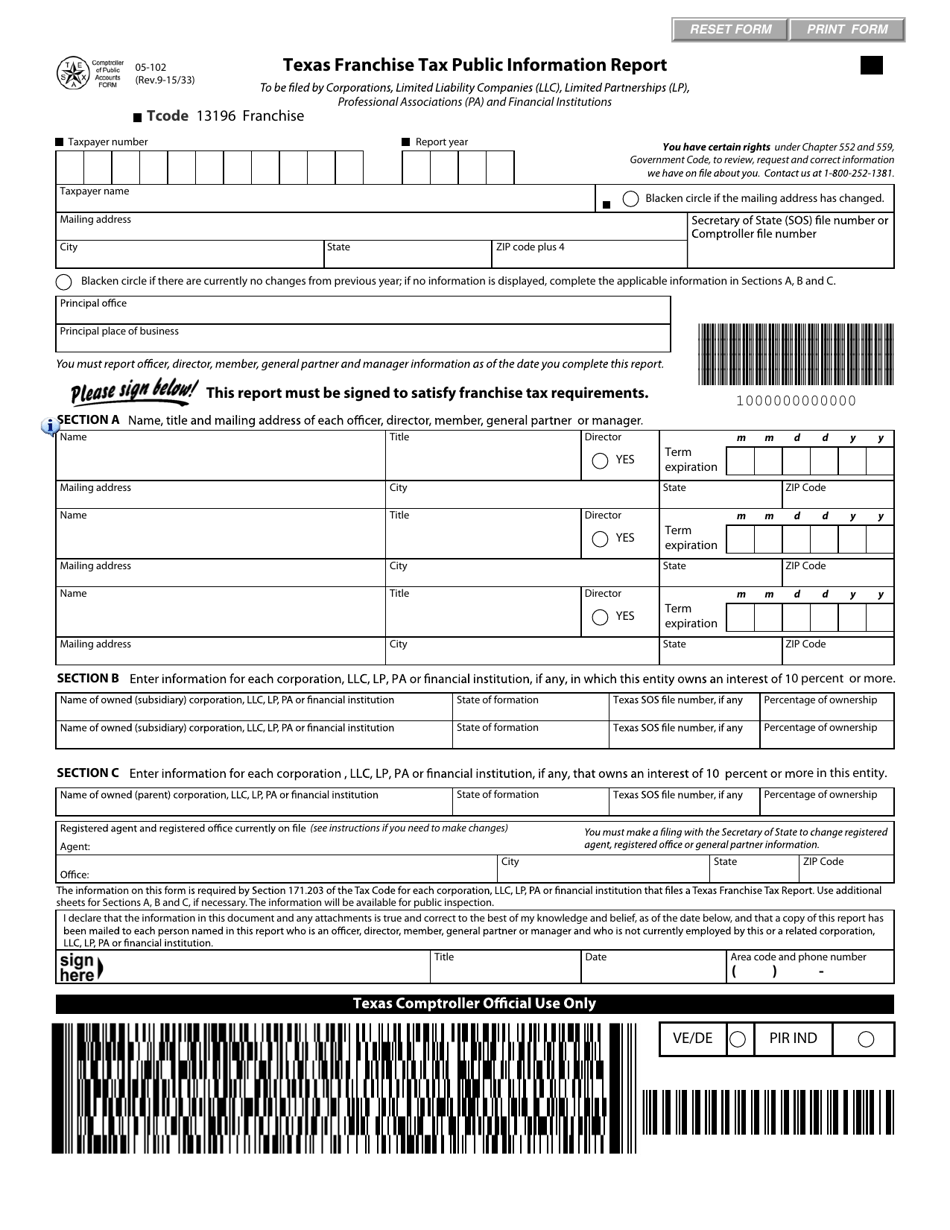 Form 05 102 Download Fillable PDF Or Fill Online Texas Franchise Tax