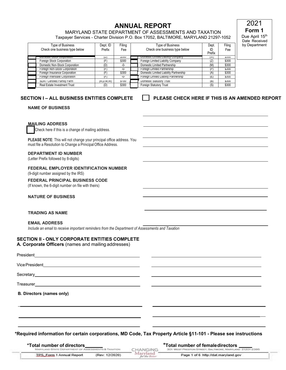 Form 1 Download Fillable PDF Or Fill Online Annual Report 2021 