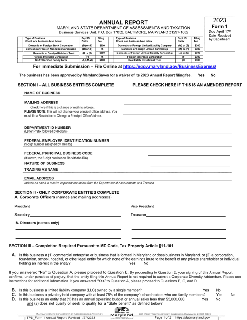 Form 1 Download Fillable PDF Or Fill Online Annual Report 2023 