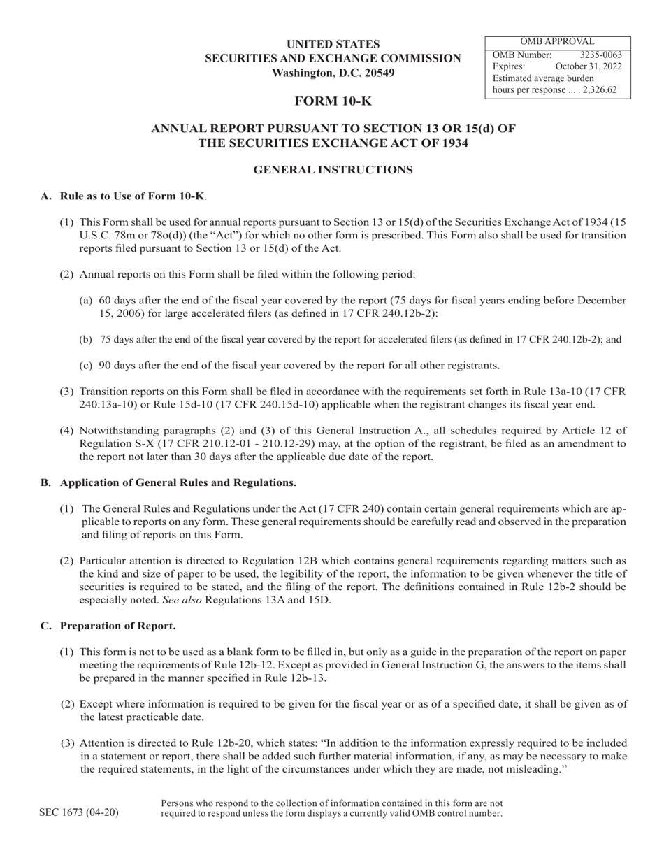 Form 10 K SEC Form 1673 Download Printable PDF Or Fill Online Annual 