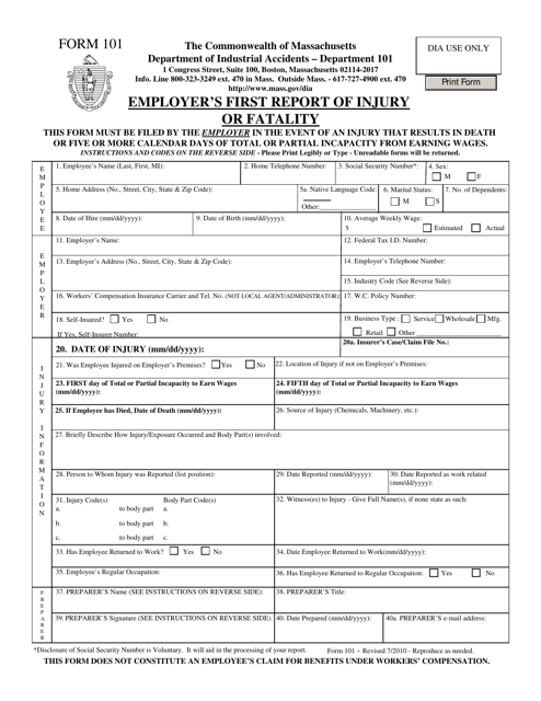 Form 101 Download Fillable PDF Employer s First Report Of Injury Or