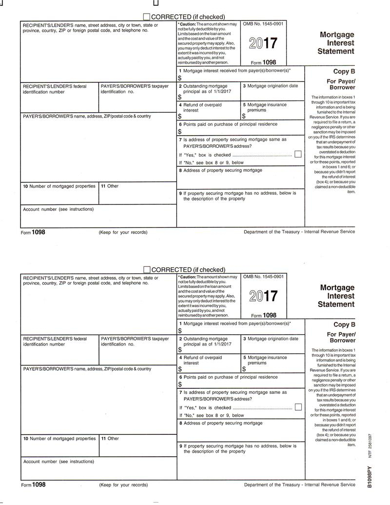 Form 1098 Mortgage Interest Statement Payer Copy B