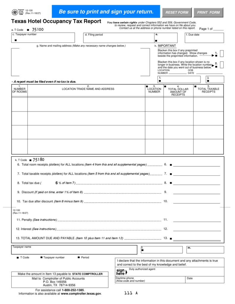Form 12 100 Download Fillable PDF Or Fill Online Texas Hotel Occupancy 