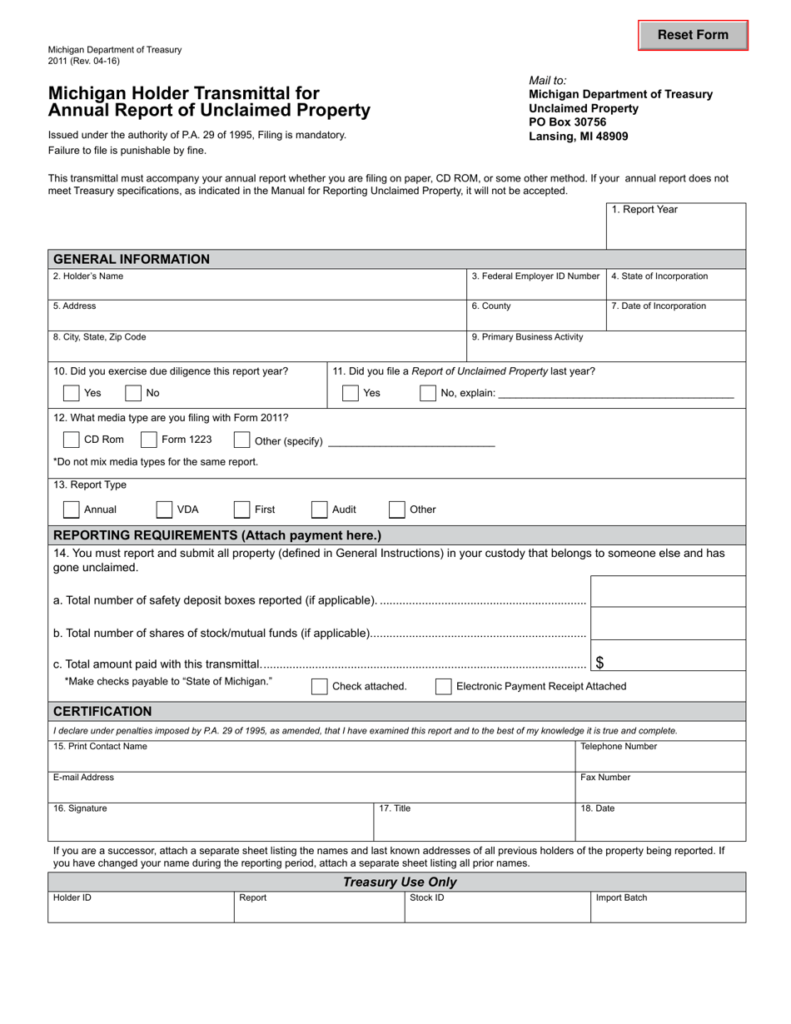 Form 2011 Download Fillable PDF Or Fill Online Michigan Holder 