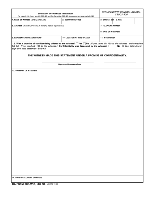 Form 285 W R U S Army Accident Report Summary Of Witness Interview