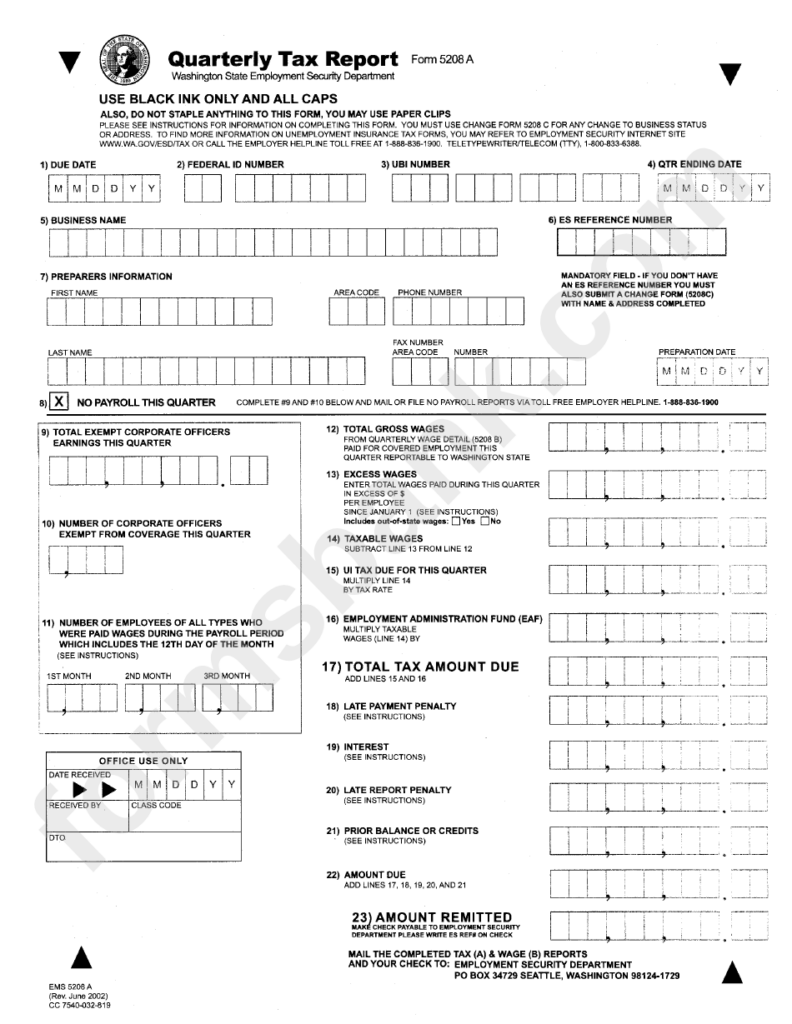 Form 5208a Quarterly Tax Report Washington State Employment 