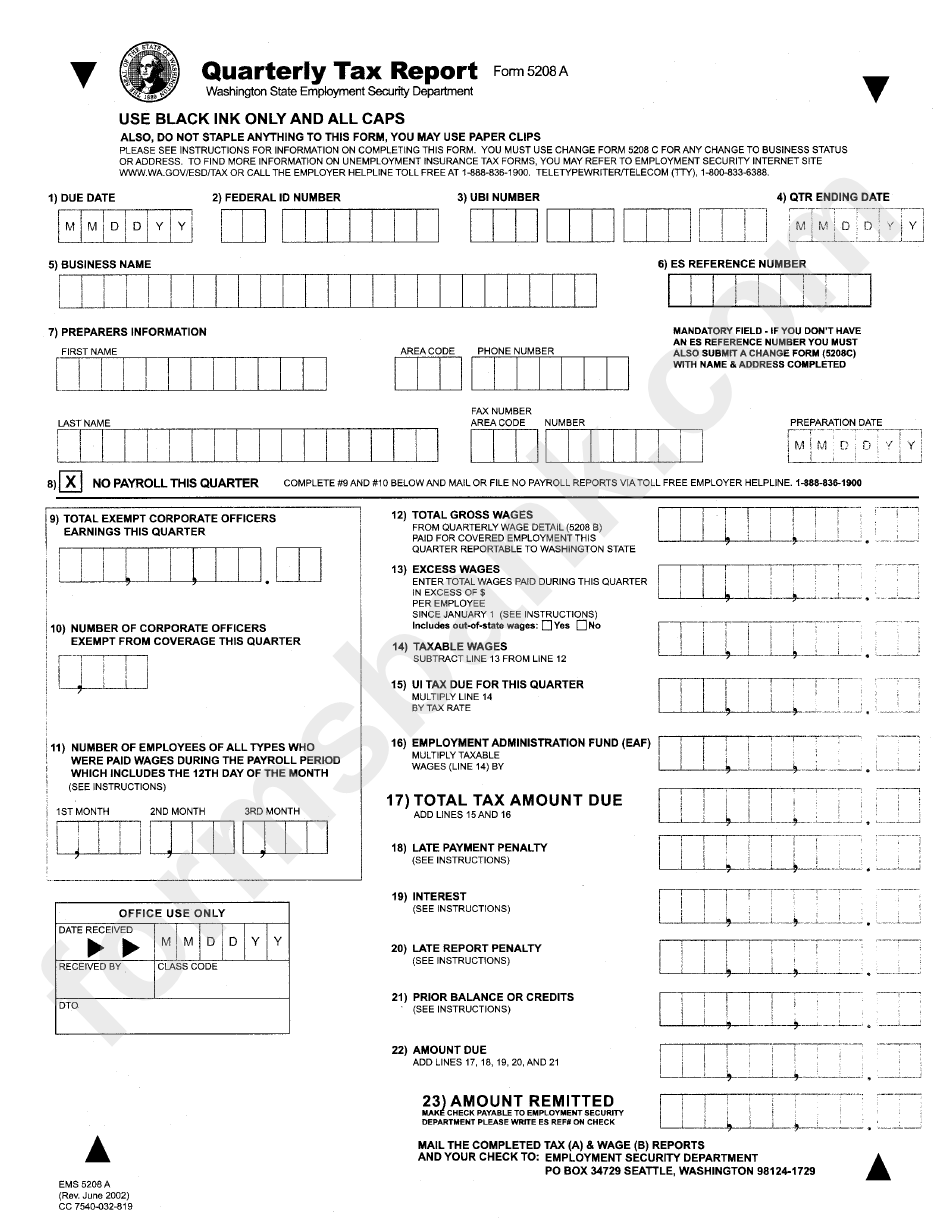 Form 5208a Quarterly Tax Report Washington State Employment