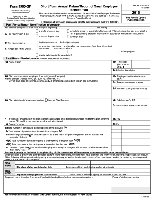 Form 5500 Sf Short Form Annual Return report Of Small Employee 